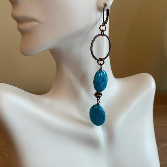 HAND CRAFTED HOOP EARRINGS SHOULDER DUSTER PIERCED Turquoise on Antiqued Copper - Picture 3 of 14